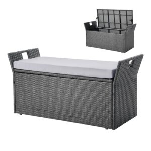 Outdoor Storage Bench, 2-Person Rattan Storage Bench, 40 Gal Deck Box with Cushion & Side Handle, Supports up to 400 lbs