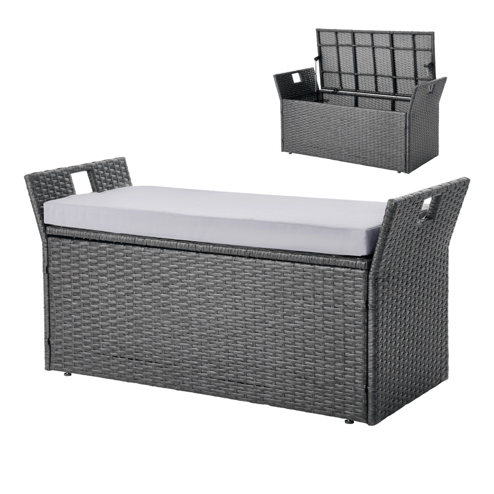 Outdoor Storage Bench, 2-Person Rattan , 40 Gal Deck Box with Cushion & Side Handle, Supports up to 400 lbs