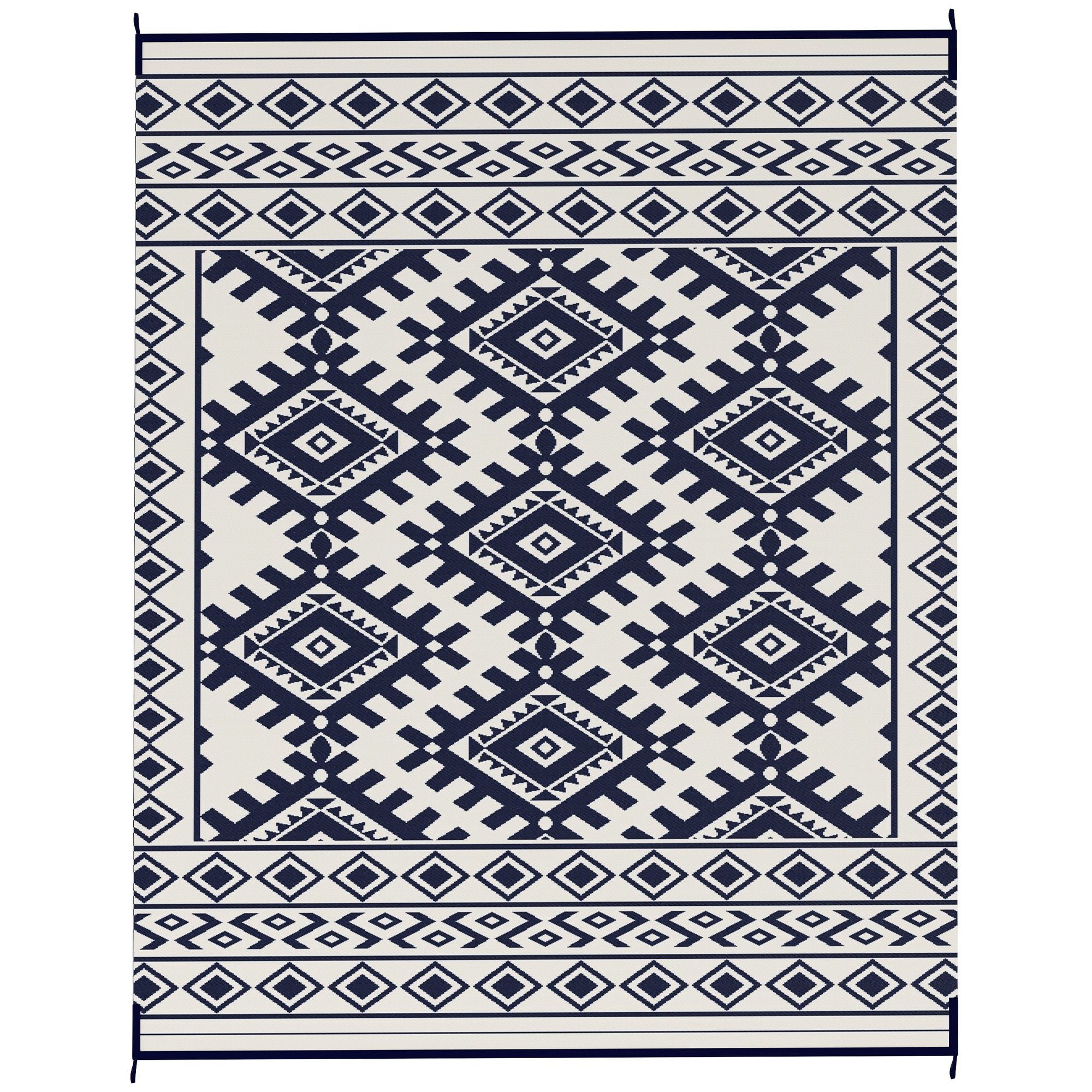 Outdoor Rug, Waterproof with Carry Bag, 8' x 10', Blue & White Rhombus Border