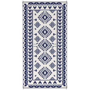 Reversible Outdoor Rug with Carry Bag, 9' x 18', Blue & White Rhombus Patchwork