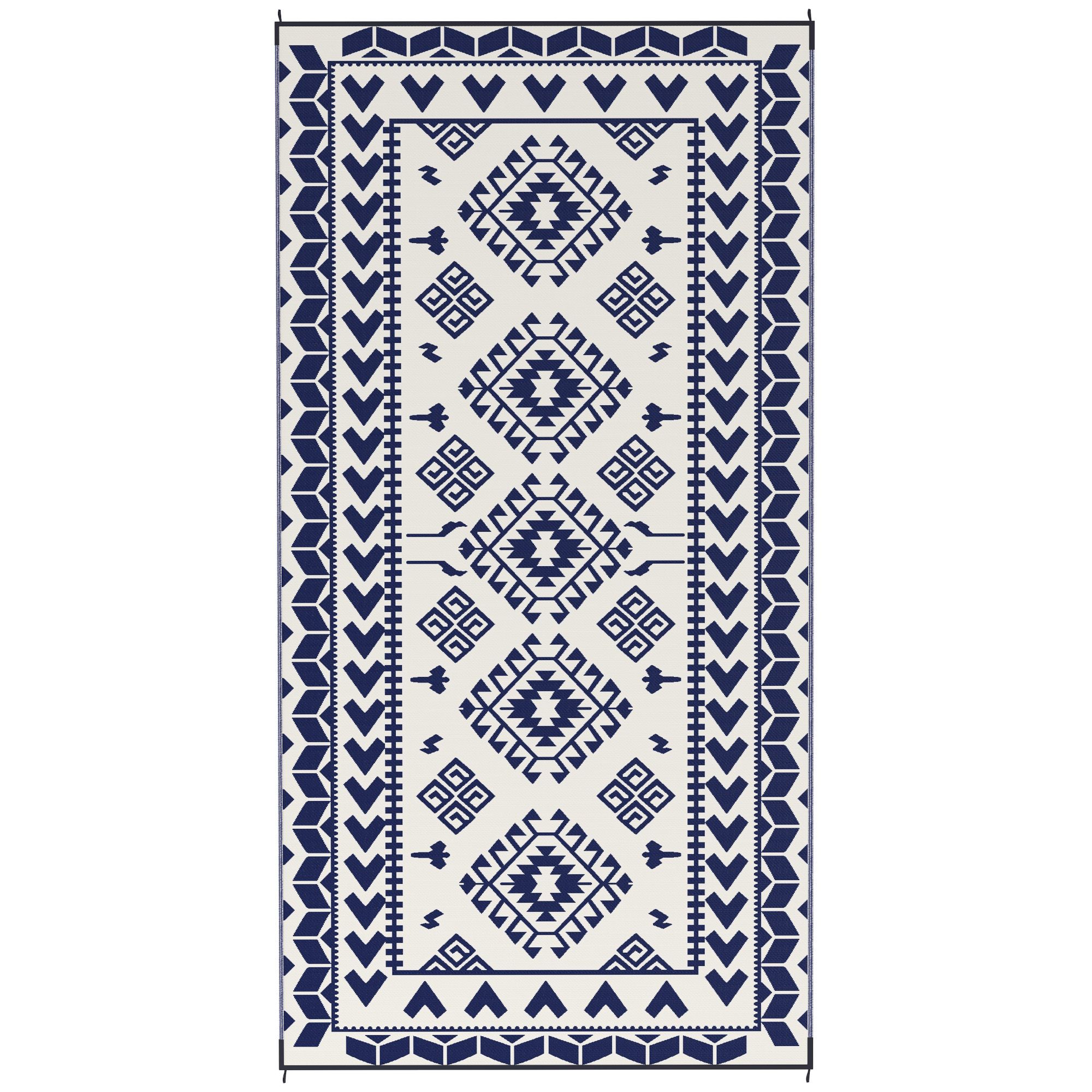 Reversible Outdoor Rug with Carry Bag, 9' x 18', Blue & White Rhombus Patchwork