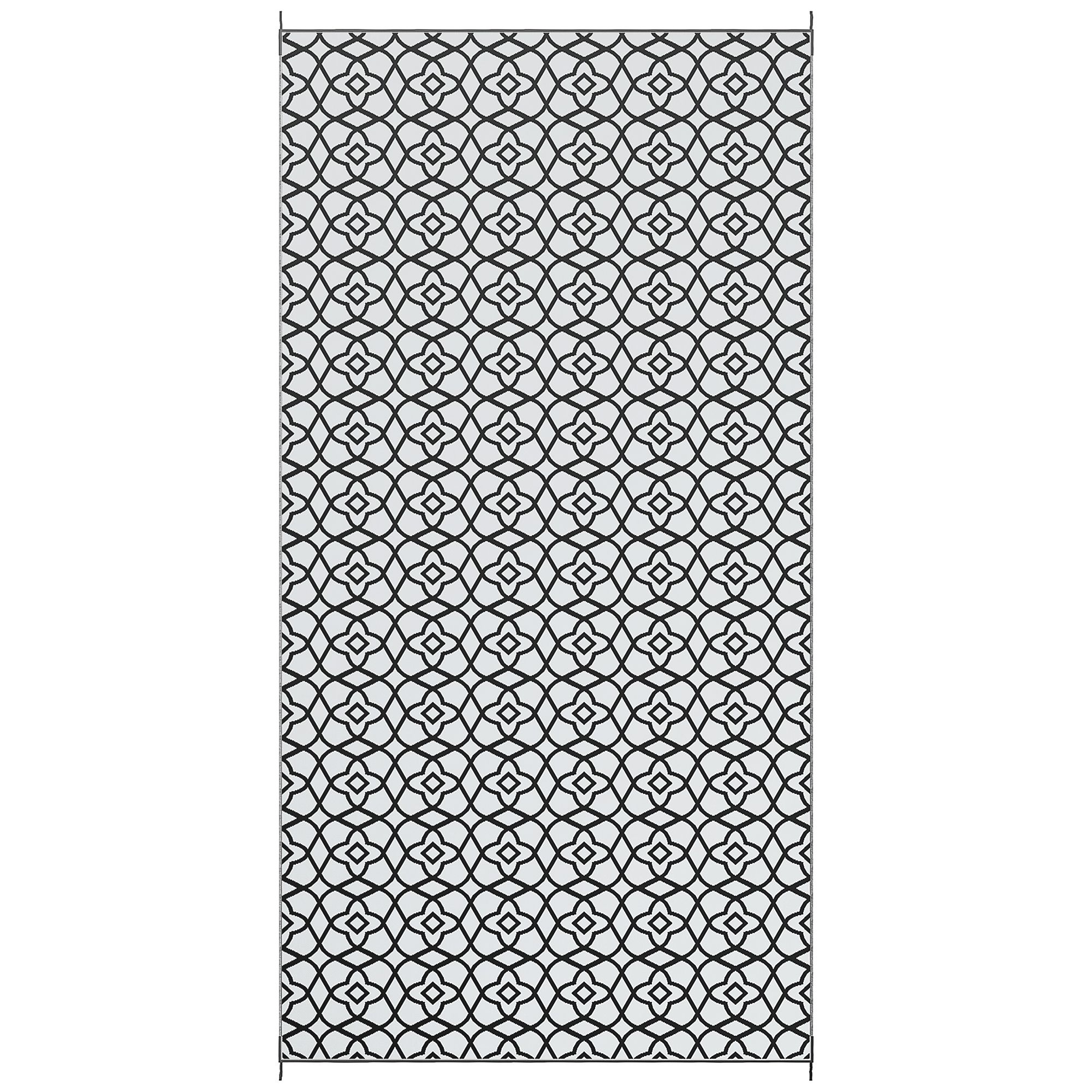 Outdoor Rug 9'x18' Reversible, RV Camping, Black & White Clover, Portable Design