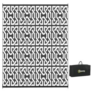 Portable Patio Mat, Black & White Chain Design Outdoor Rug 8x10 ft with Carry Bag
