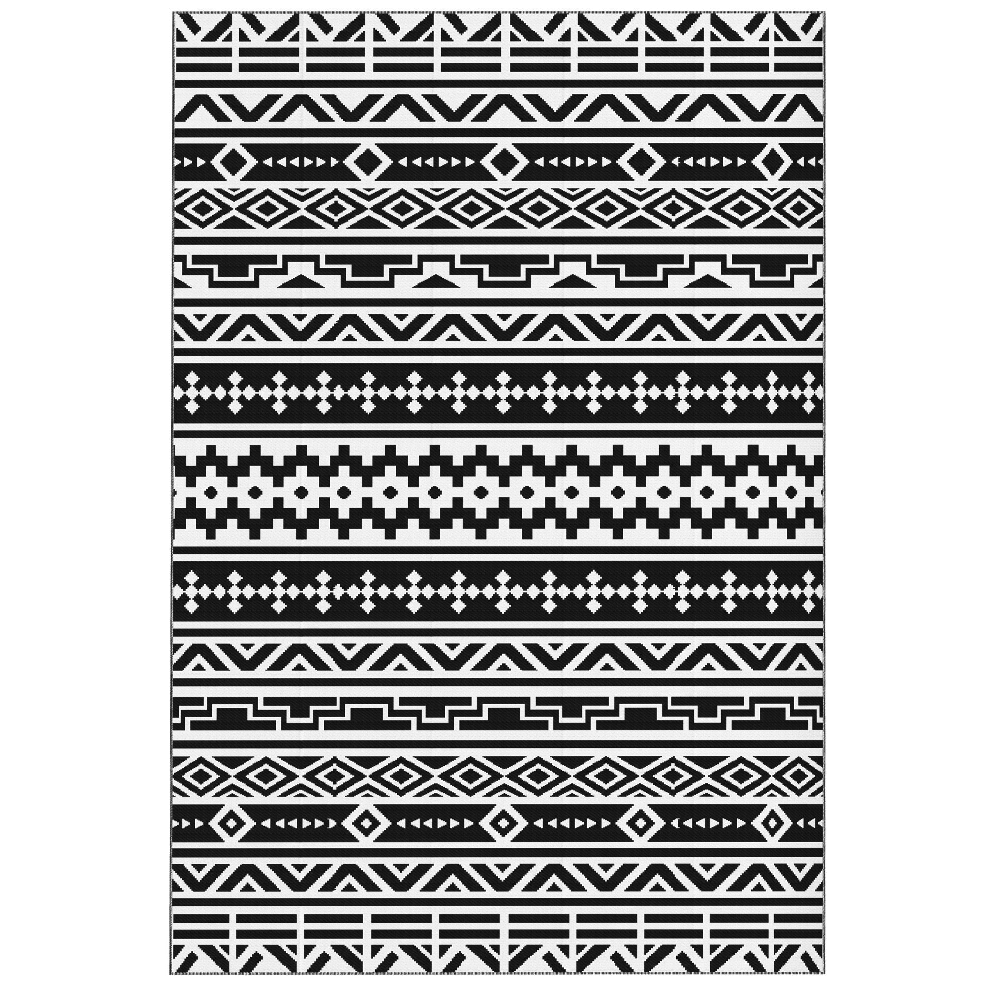 Reversible Outdoor Rug with Carry Bag, 6' x 9', Black & White Geometric Wall