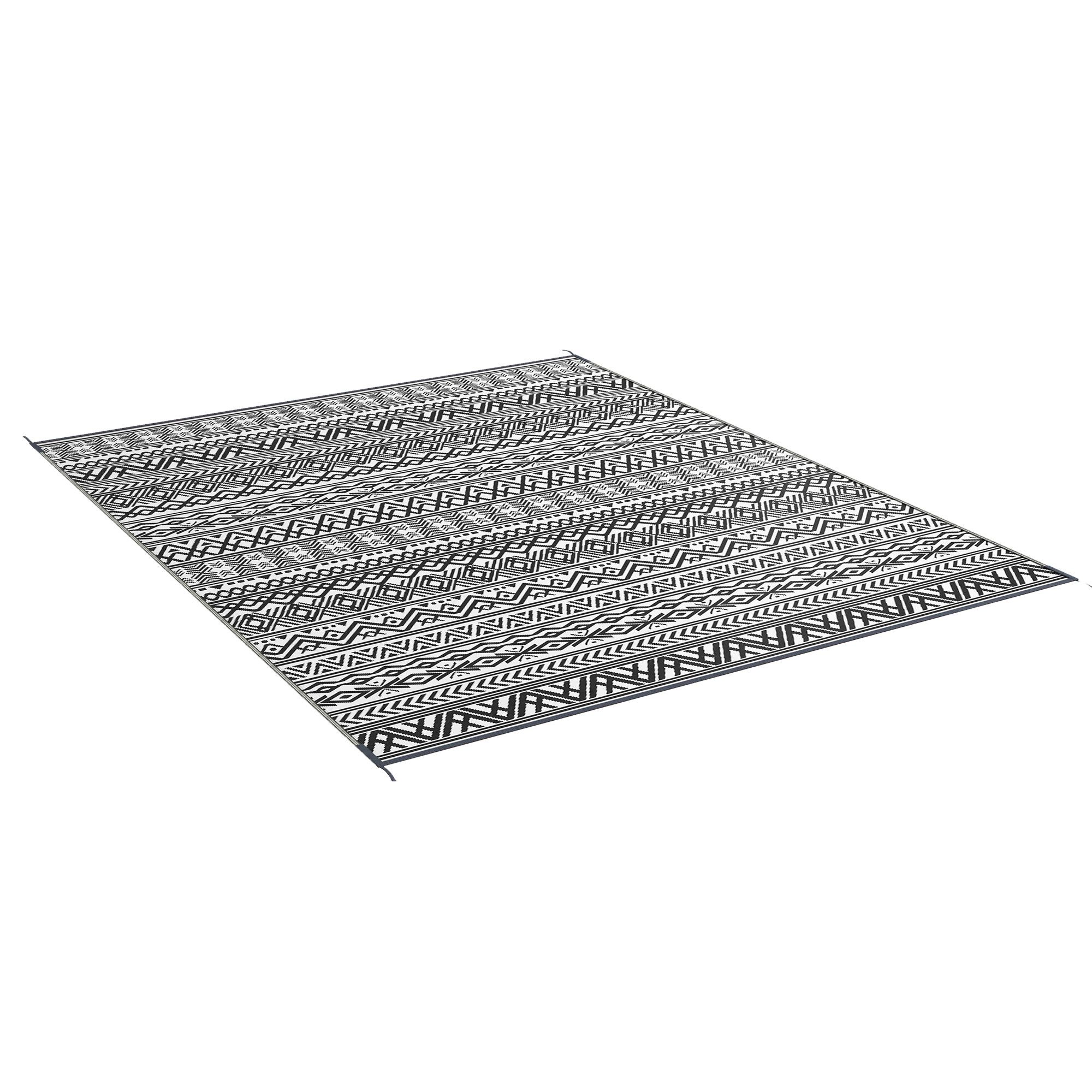 Outdoor Mat 8x10 Reversible Boho, Gray & White, Portable