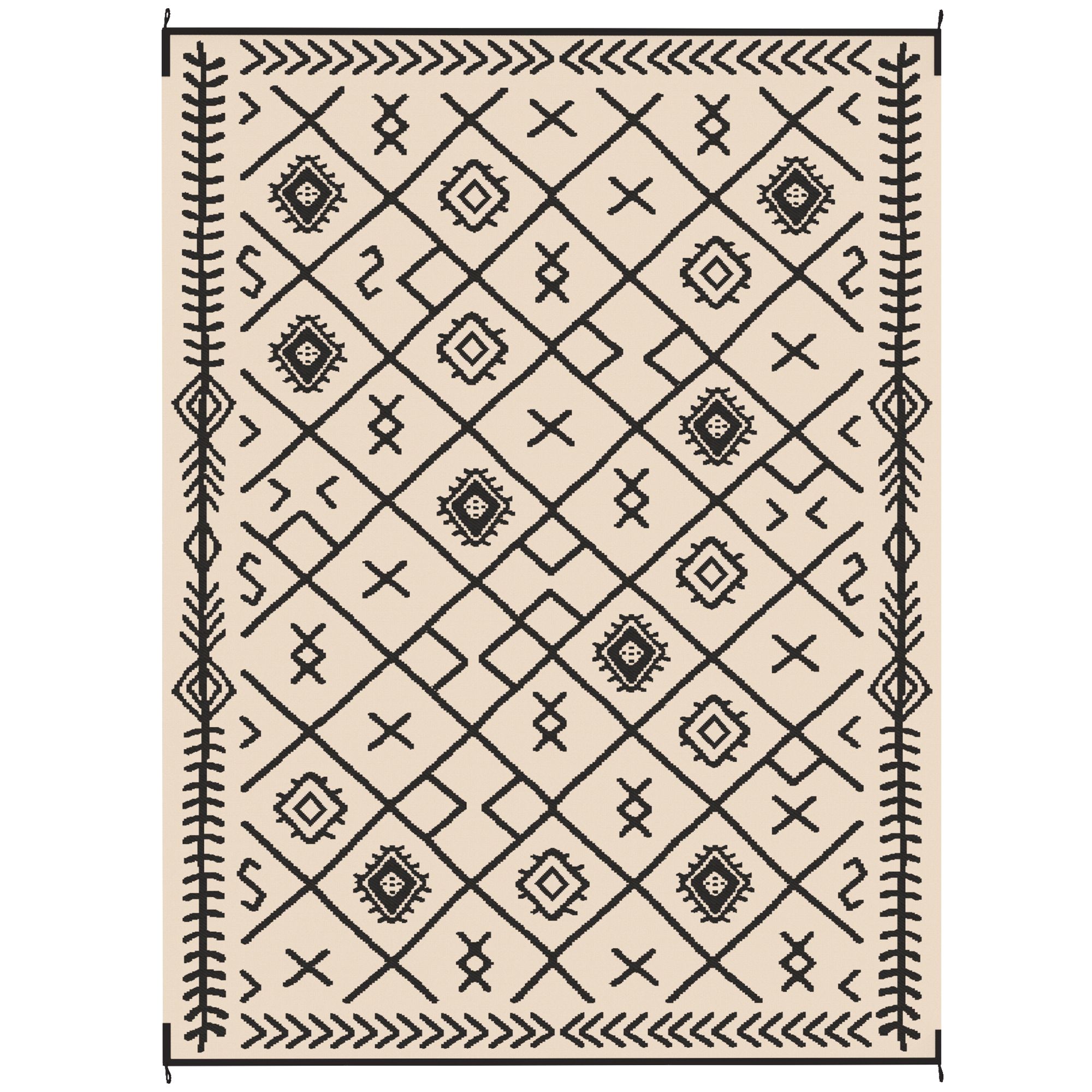 Reversible Outdoor Rug with Carry Bag, 9' x 12', Black & Beige Rhombus