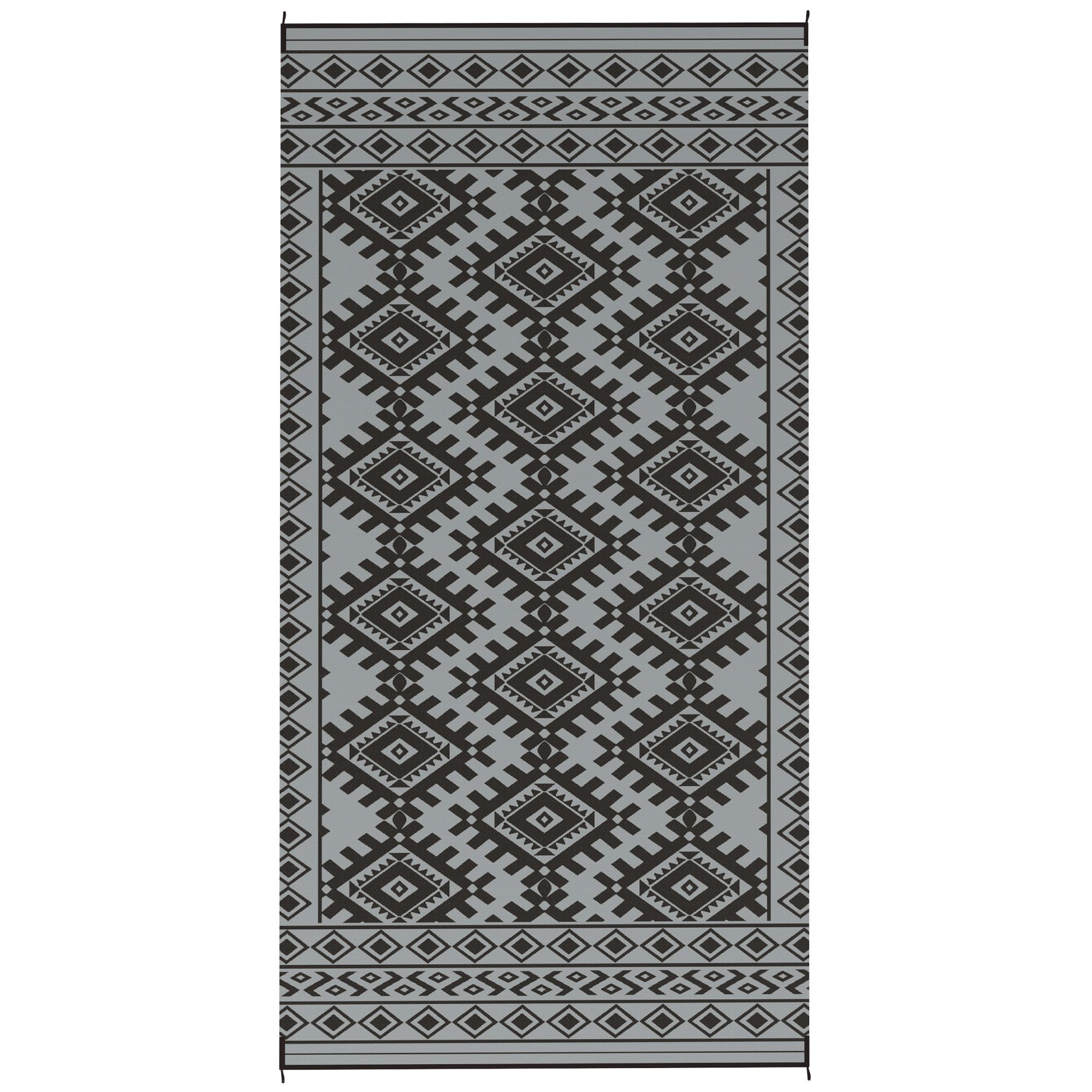 Reversible Outdoor Rug with Carry Bag, 9' x 18', Black & Gray Rhombus Border