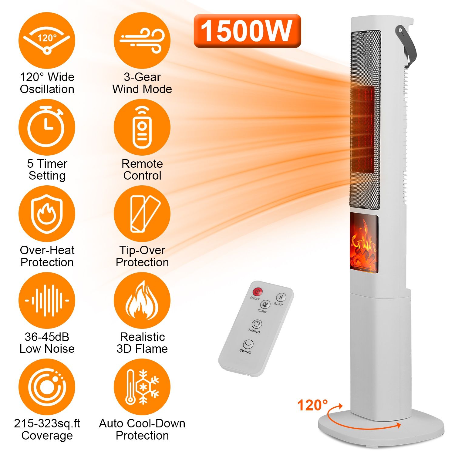 1500 watt Oscillating Ceramic Tower Heater with 3 Wind Modes Remote Control