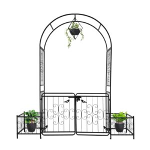 7.2ft Black Iron Garden Arch with Arched Top and Gate Metal Arbor Trellis with Planter Boxes