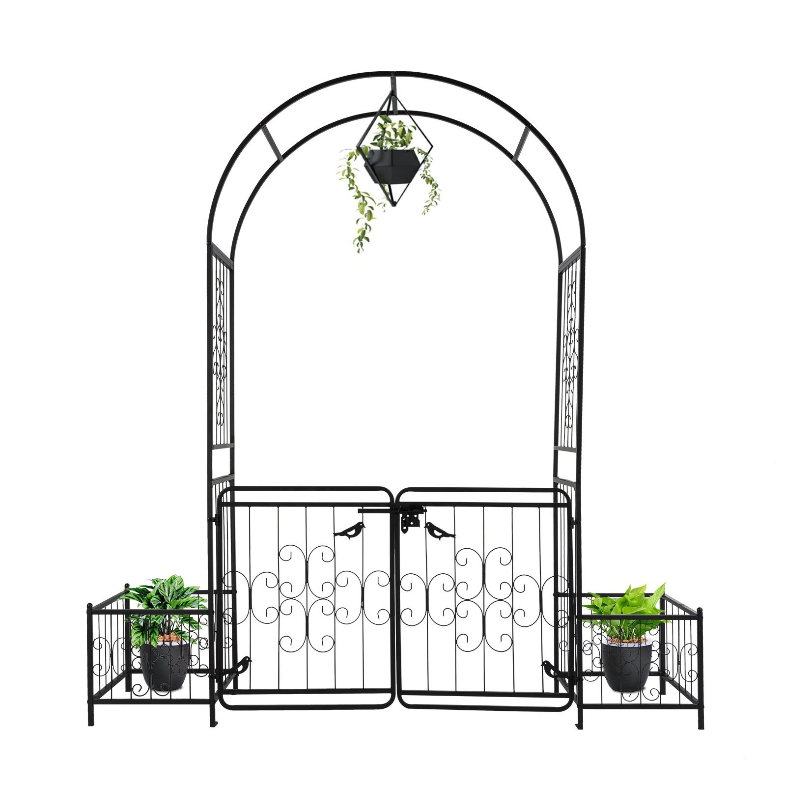 7.2ft Black Iron Garden Arch with Arched Top and Gate Metal Arbor Trellis with Planter Boxes