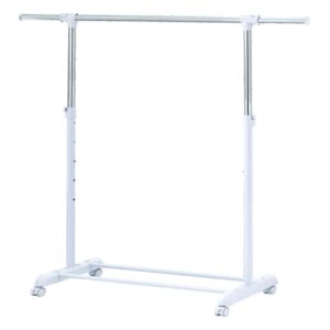 Adjustable Rolling Garment Rack Metal Chrome, White, 84-121Wx44Dx123.5-163Hcm