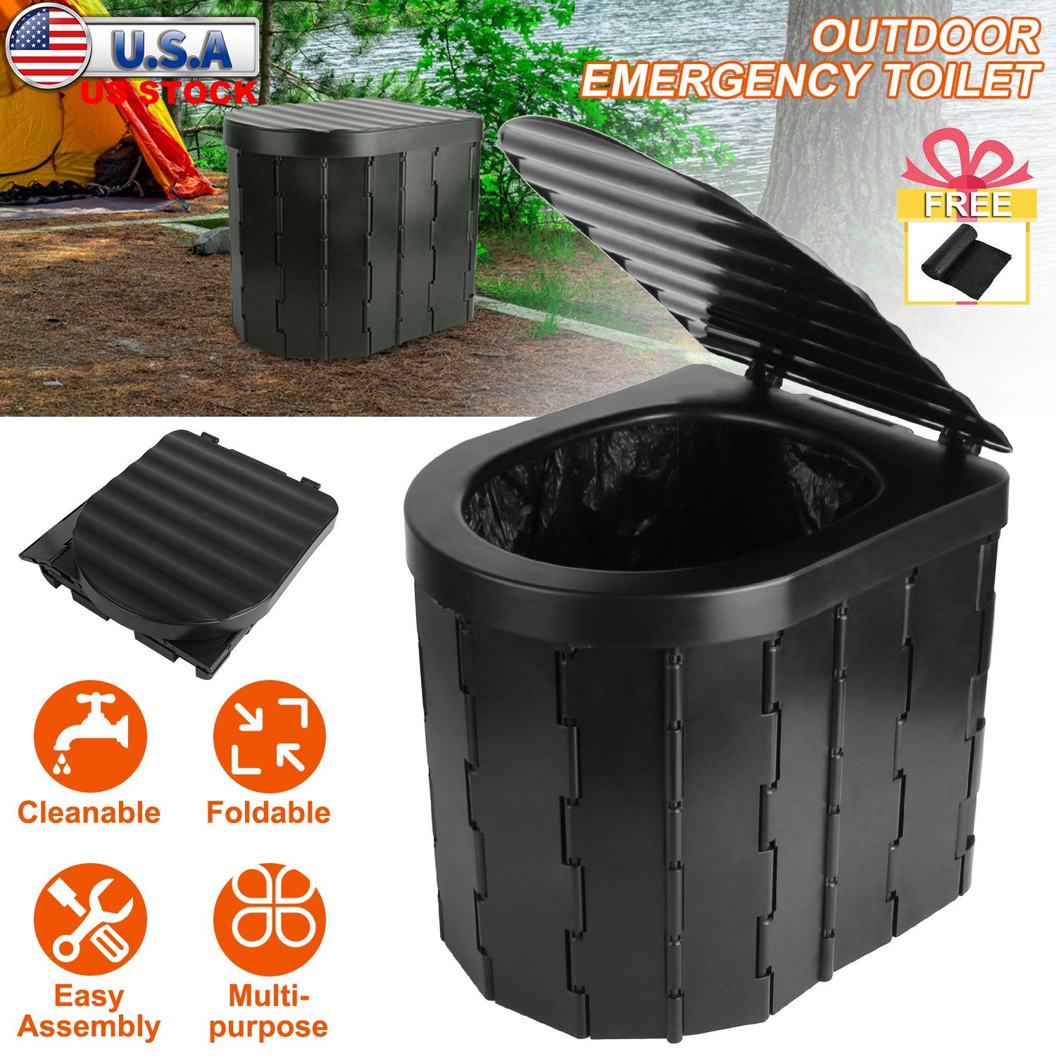 Foldable Emergency Toilet Portable Porta Potty for Car Travel Camping Boating Hiking