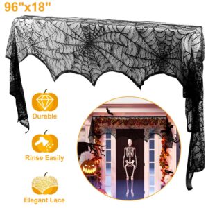 Halloween Fireplace Mantle Scarf - 96x18 Inch Black Lace Scarf with Spider Web