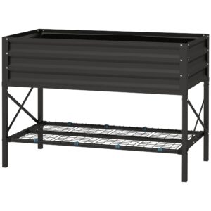 Black Galvanized Raised Bed: Elevated Planter with Shelf, Liner Included for Outdoor Gardening|