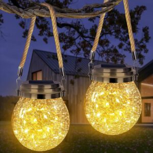 Solar Lantern Crackle Glass Ball, 2 Pack Garden Hanging Solar Lights Outdoor Waterproof Lanterns with 30 Warm White LED for Outdoor Decor Patio Yard Lawn Pathway