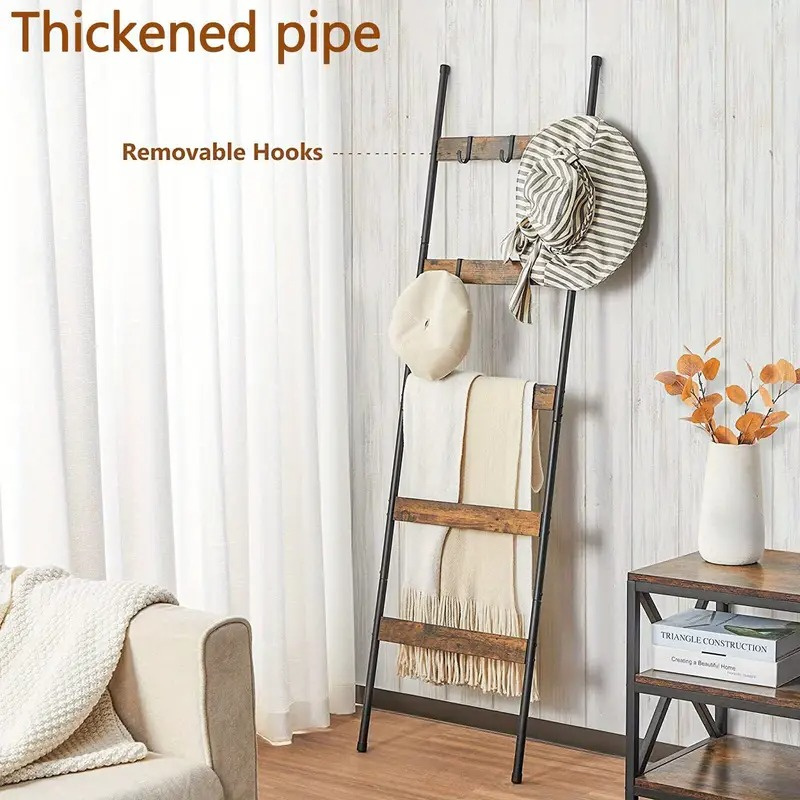 10-Tier Wooden Blanket Ladder with 5 Removable Hooks, Farmhouse Wall-Mounted Quilt Rack & Freestanding Towel Storage Shelf for Living Room and Bathroom Décor