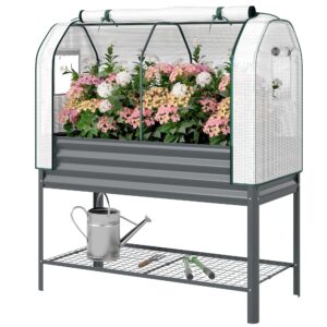 Galvanised Raised Garden Bed with Greenhouse Cover, Metal Elevated Garden Bed with Bed Liner, Bottom Shelf, Dark Gray