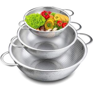 Colander Set of 3, Stainless Steel Micro-Perforated Dishwasher Safe - 1/3/5 Quart
