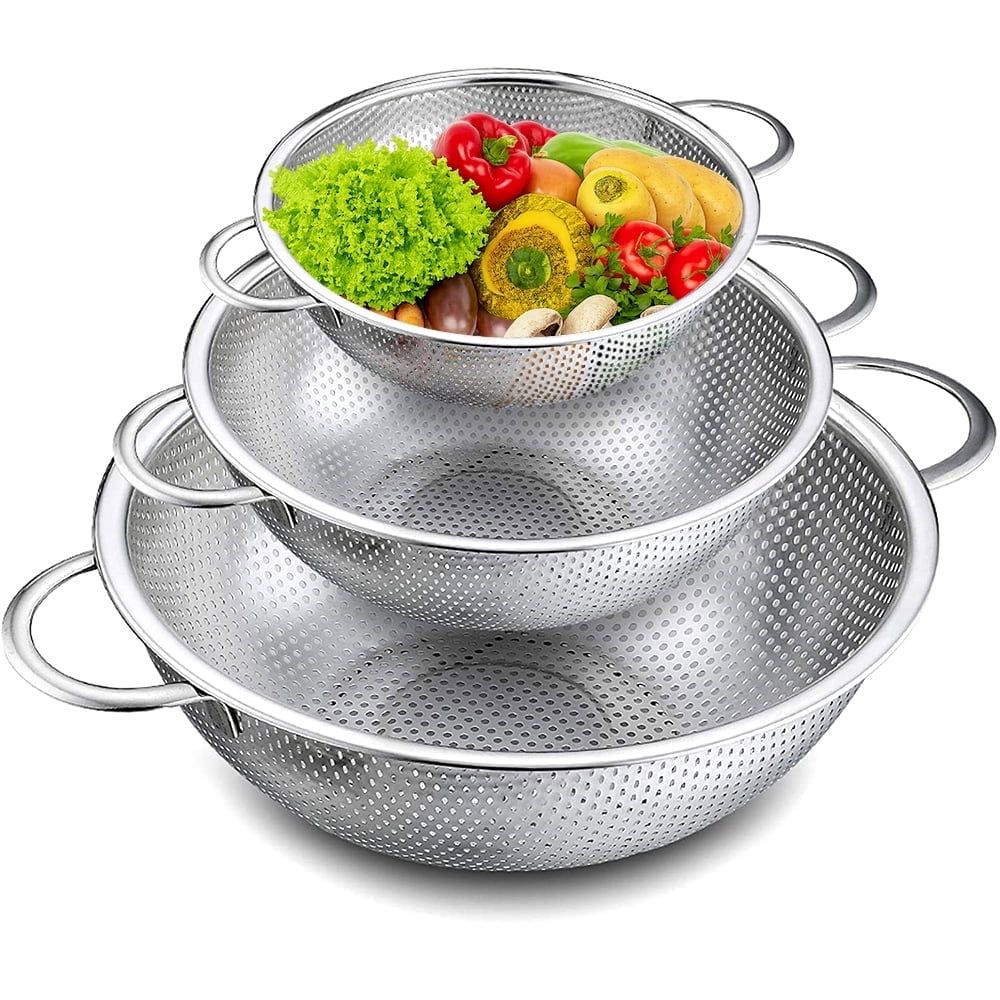 Colander Set of 3, Stainless Steel Micro-Perforated Dishwasher Safe - 1/3/5 Quart