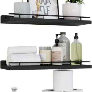 Floating shelving unit with black metal railing, 3-piece set, suitable for bedrooms, bathrooms, kitchens, living rooms, etc., for displaying plants, picture frames, artwork, etc. - Black
