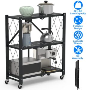 3-Tier Foldable Storage Shelf With Lockable Wheels No Assembly Rolling Utility Shelf Heavy Duty Collapsible Organizer Rack For Kitchen Living Room Basement Pantry Bedroom