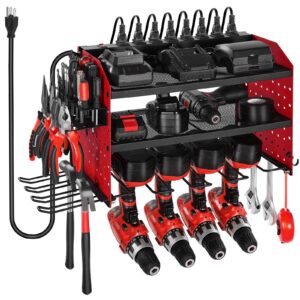 Power Tool Organizer with Charging Station, 3-Layer Drill Storage Rack with 4 Drill Holders & Side Pegboard, Garage Tool Organizer Built in 8 Outlet Power Strips for Garage, Workbench, Workshop