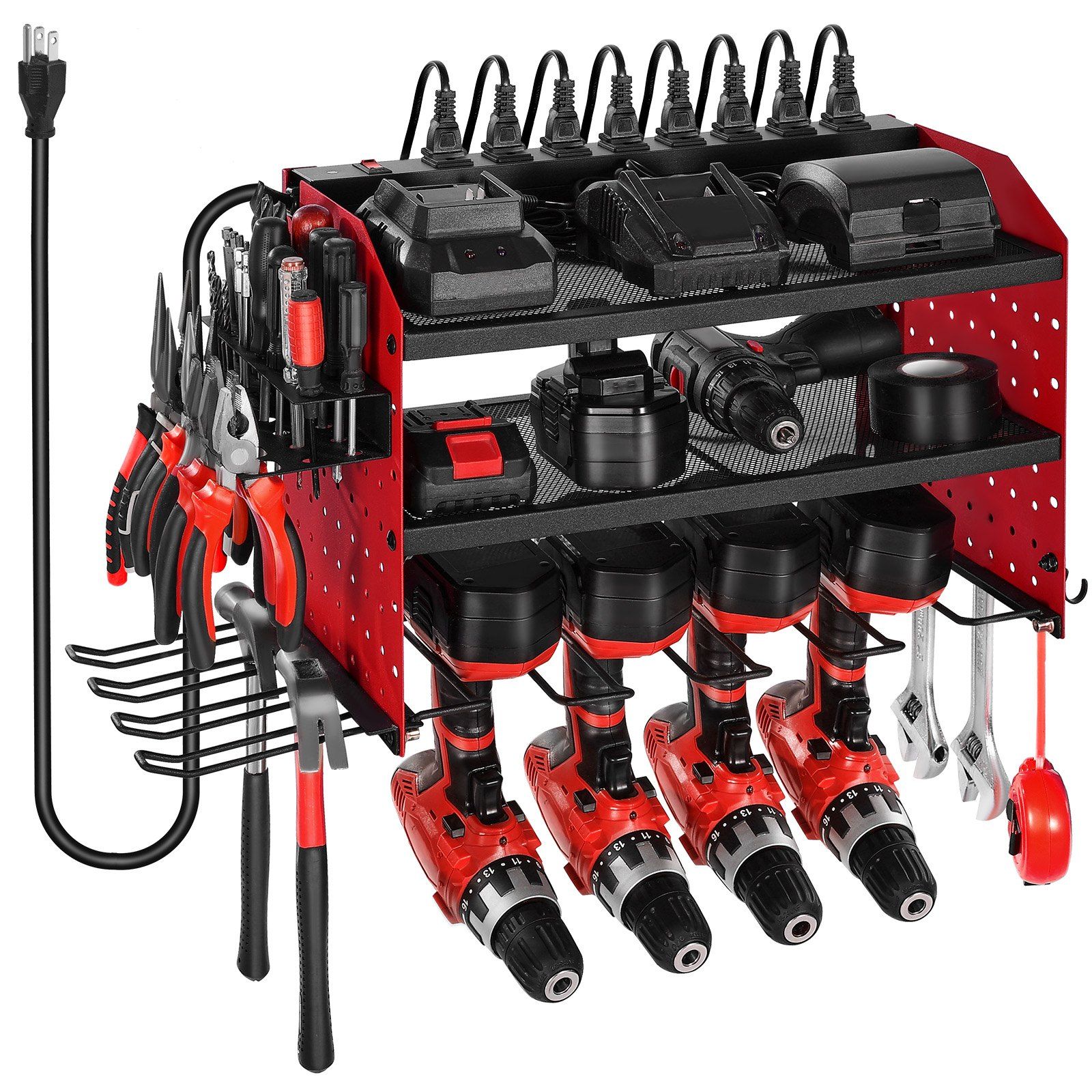 3-Tier Power Tool Organizer with 8-Outlet Charging Station & Pegboard