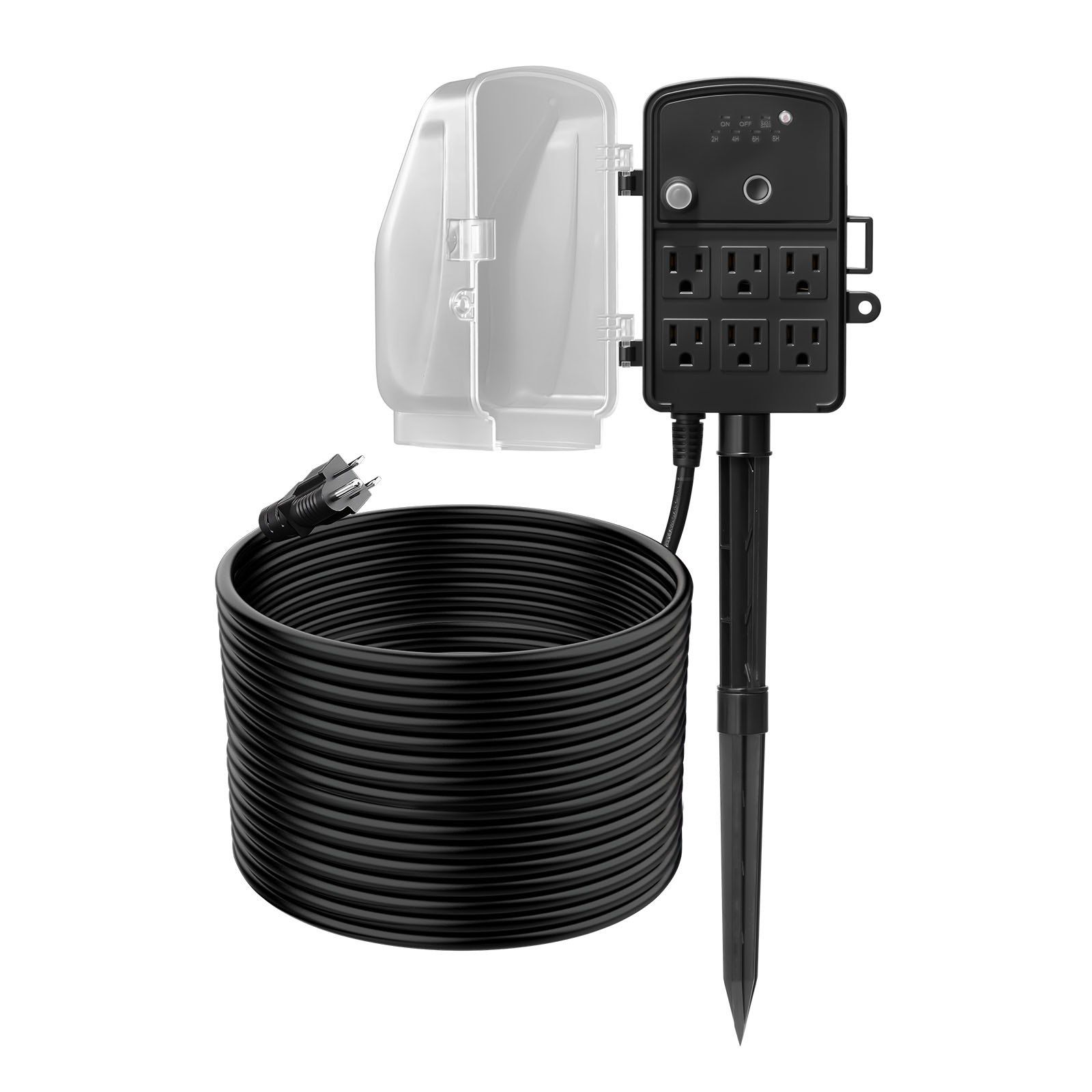 Outdoor Power Stake, 100FT Extension Cord, Outdoor Power Strip Weatherproof with Cover, Remote Control Dusk to Dawn Light Timer Waterproof, 6 Outlets, 1625W/13A, for Christmas Lights, Garden