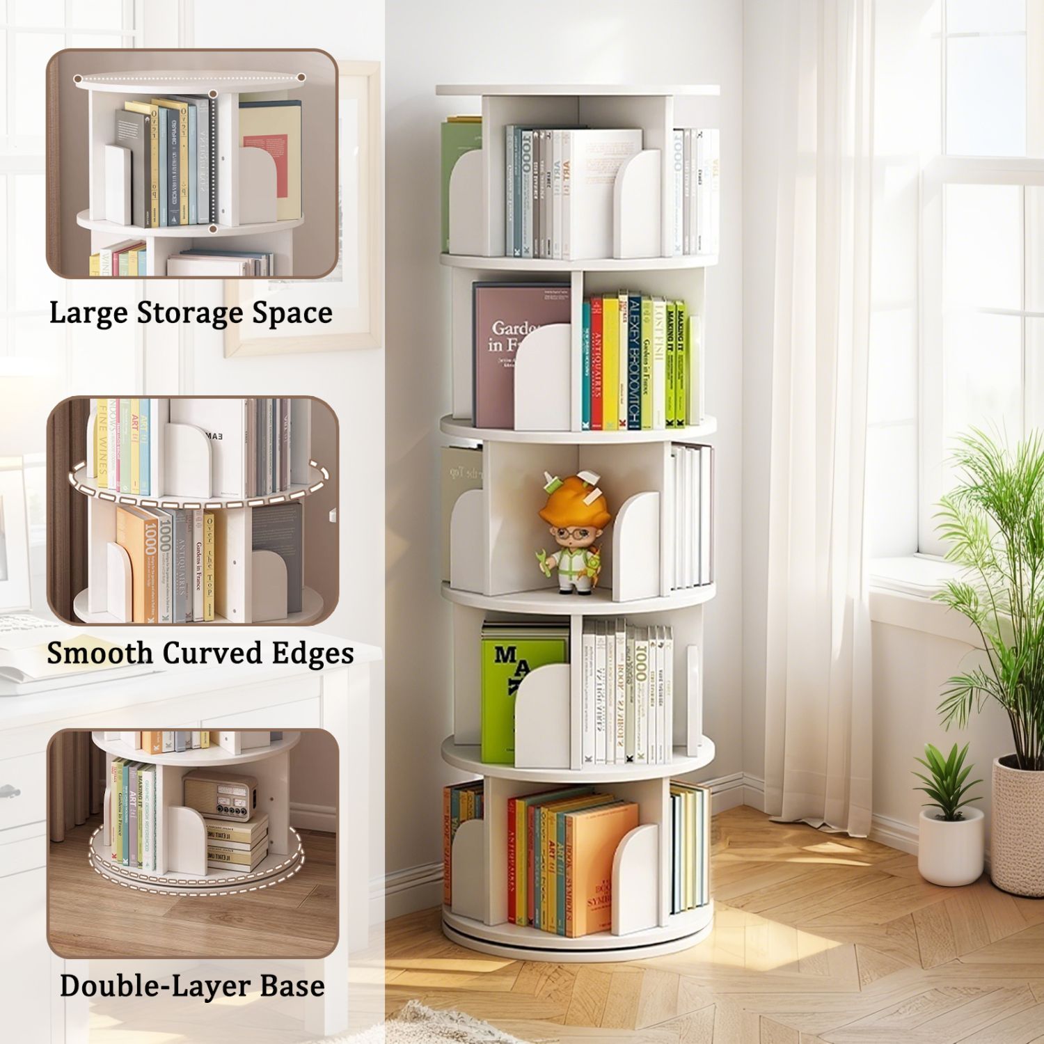 5 Tier Rotating Bookshelf, 360° DisplayvWarm White