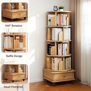 5 Tier Rotating Bookshelf, 360° Display Round Spinning Bookshelf with Wheels, Wood Color