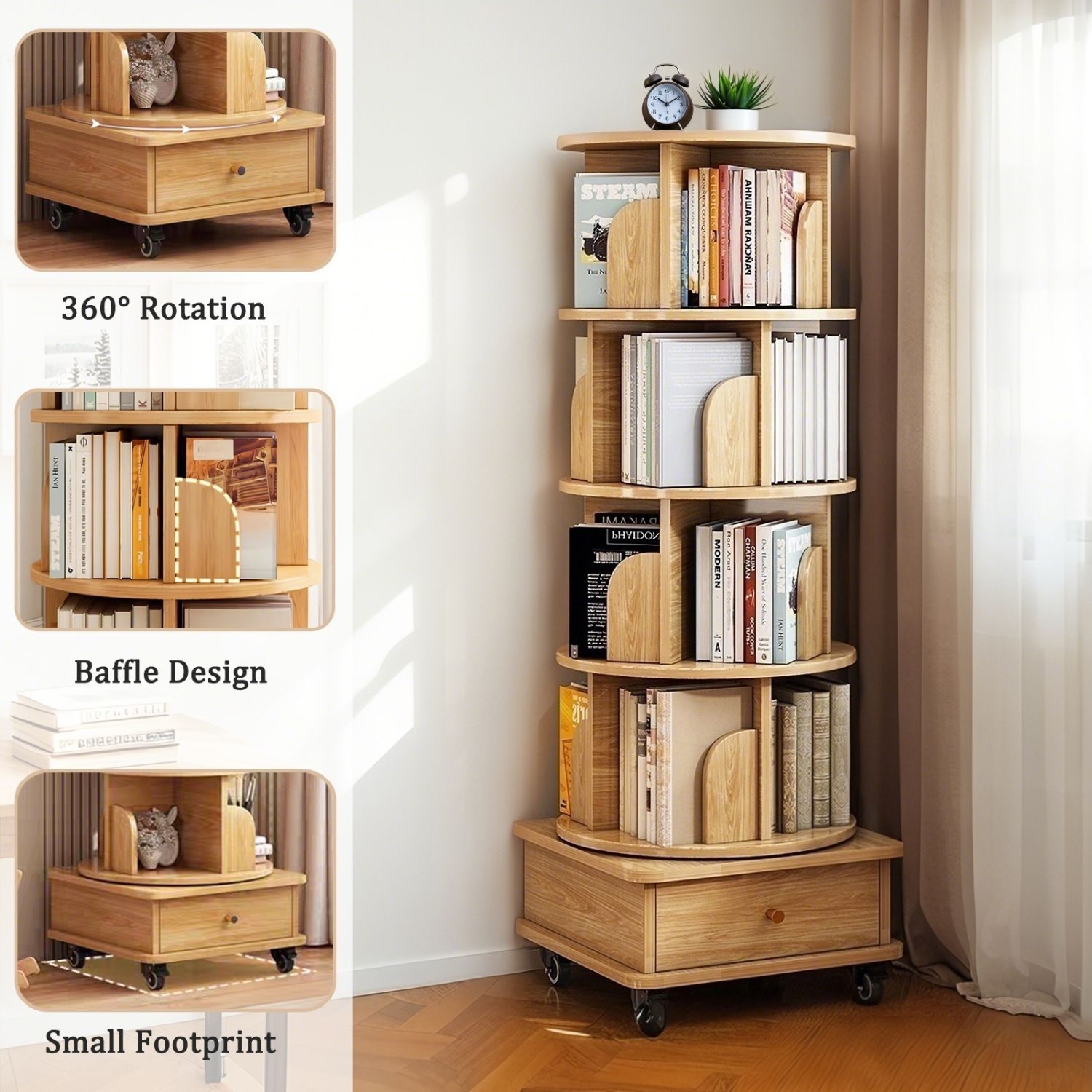 5 Tier Rotating Bookshelf, 360° Display Round Spinning Bookshelf with Wheels, Wood Color