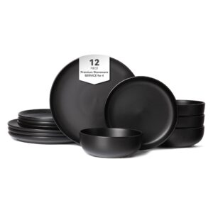 12-Piece Stoneware Dinner Plates Bowls Sets, Microwave & Dishwasher Safe, Stackable Matte Glaze Kitchenware for 4