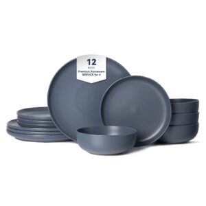 12-Piece Stoneware Dinner Plates Bowls Sets | Microwave & Dishwasher Safe | Non-Toxic Dinner Plates Bowls Set | Stackable Matte Glaze Kitchenware for 4
