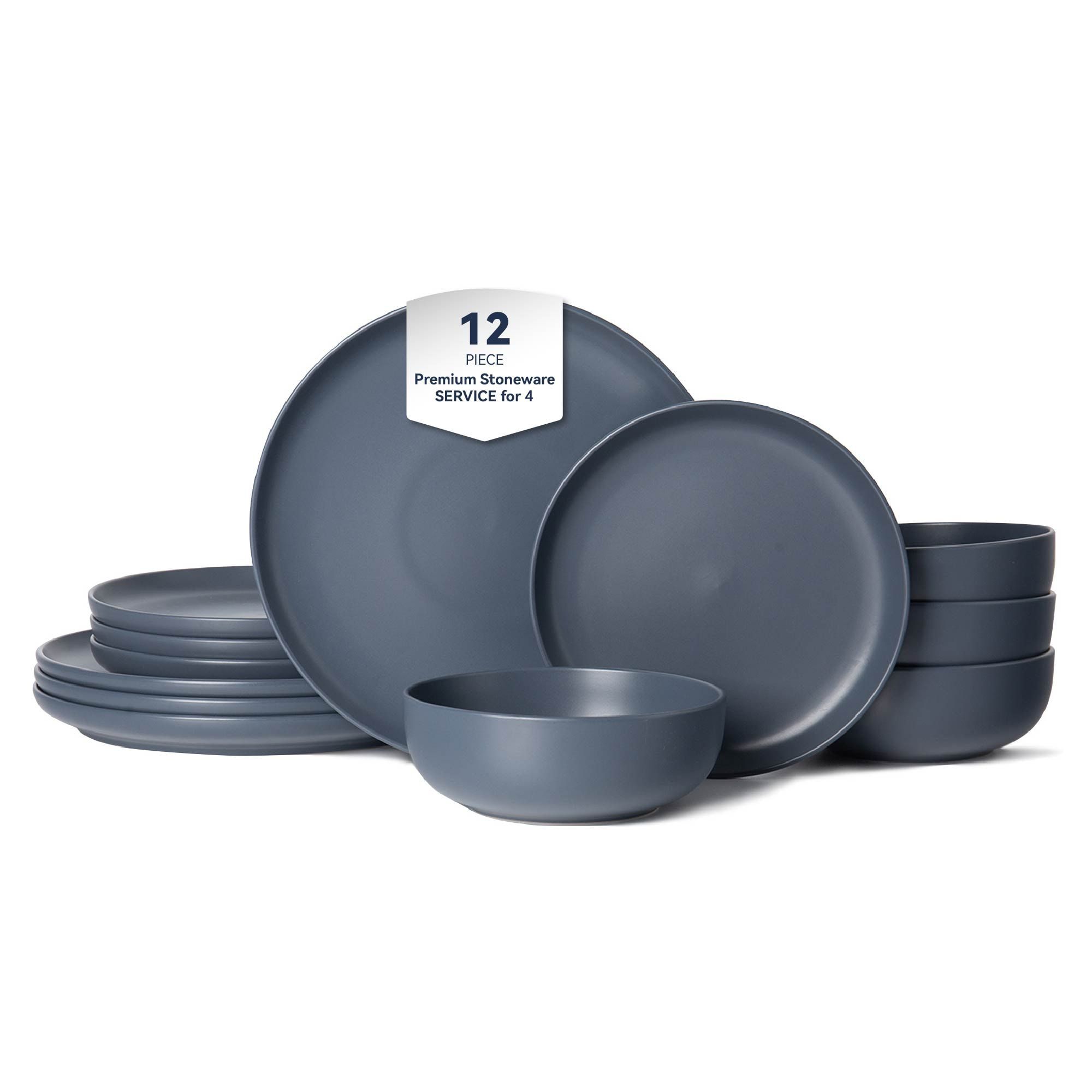 12-Piece Stoneware Dinner Plates Bowls Sets | Microwave & Dishwasher Safe | Non-Toxic Dinner Plates Bowls Set | Stackable Matte Glaze Kitchenware for 4