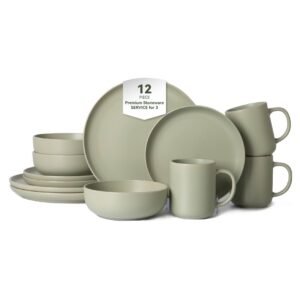 12-Piece Stoneware Dinnerware Sets with Mugs, Microwave & Dishwasher Safe, Stackable Matte Glaze Kitchenware for 3