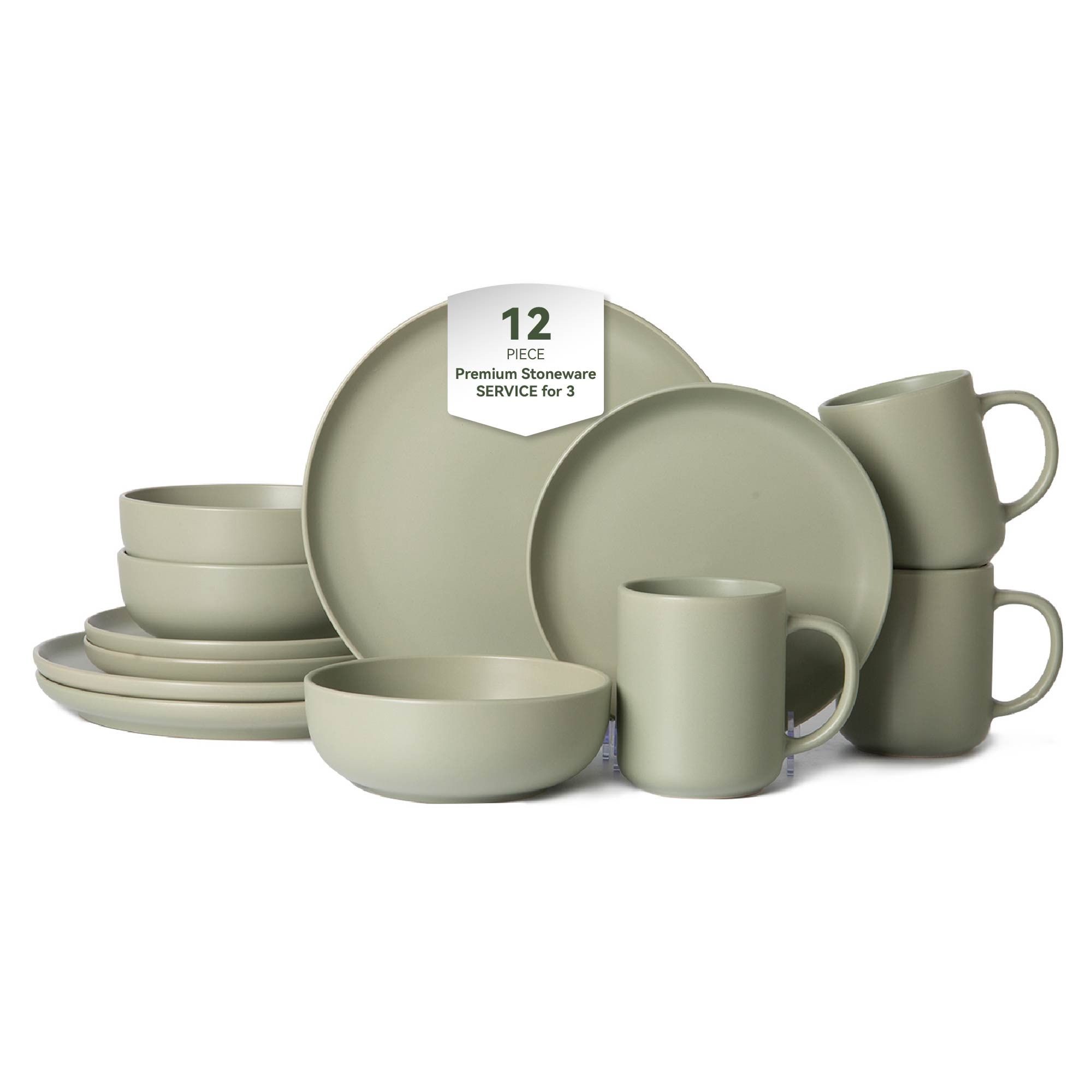 12-Piece Stoneware Dinnerware Sets with Mugs, Microwave & Dishwasher Safe, Stackable Matte Glaze Kitchenware for 3
