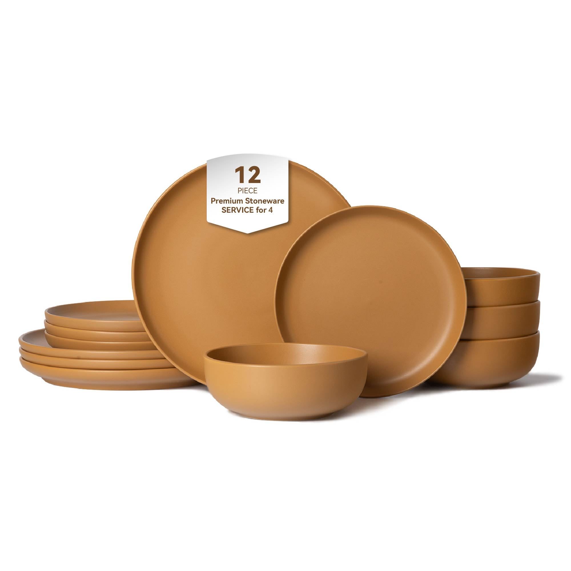 12-Piece Stoneware Dinner Plates Bowls Sets, Microwave & Dishwasher Safe, Stackable Matte Glaze Kitchenware for 4