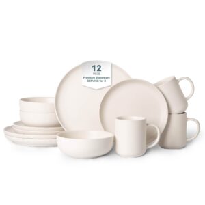 12-Piece Stoneware Dinnerware Sets with Mugs | Microwave & Dishwasher Safe | Non-Toxic Dinner Plates Bowls Set | Stackable Matte Glaze Kitchenware for 3