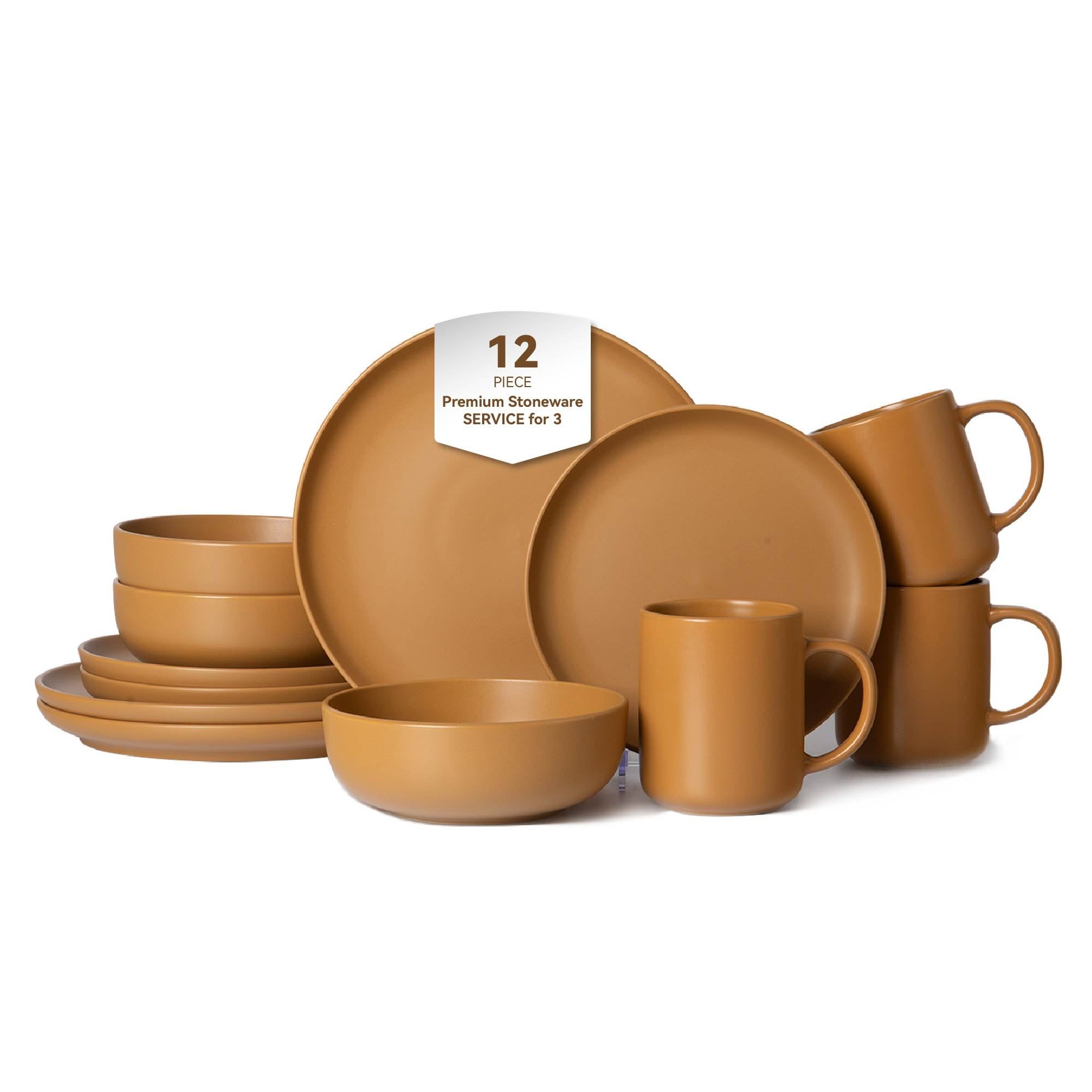 12-Piece Stoneware Dinnerware Sets with Mugs, Microwave & Dishwasher Safe, Stackable Matte Glaze Kitchenware for 3