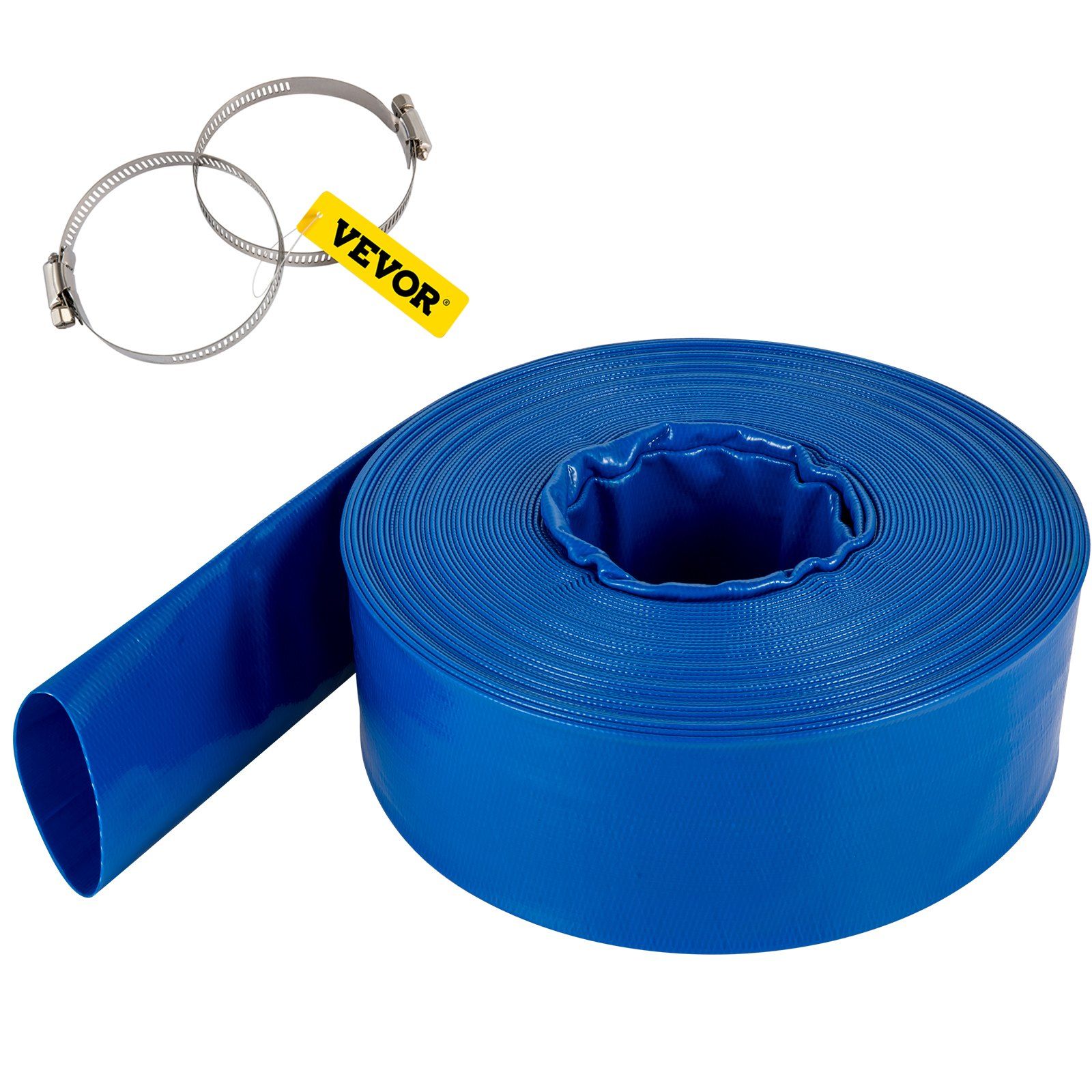 Discharge Hose, 1-1/2" x 100', PVC Fabric Lay Flat Hose, Heavy Duty Backwash Drain Hose with Clamps, Weather-proof & Burst-proof, Ideal for Swimming Pool & Water Transfer, Blue