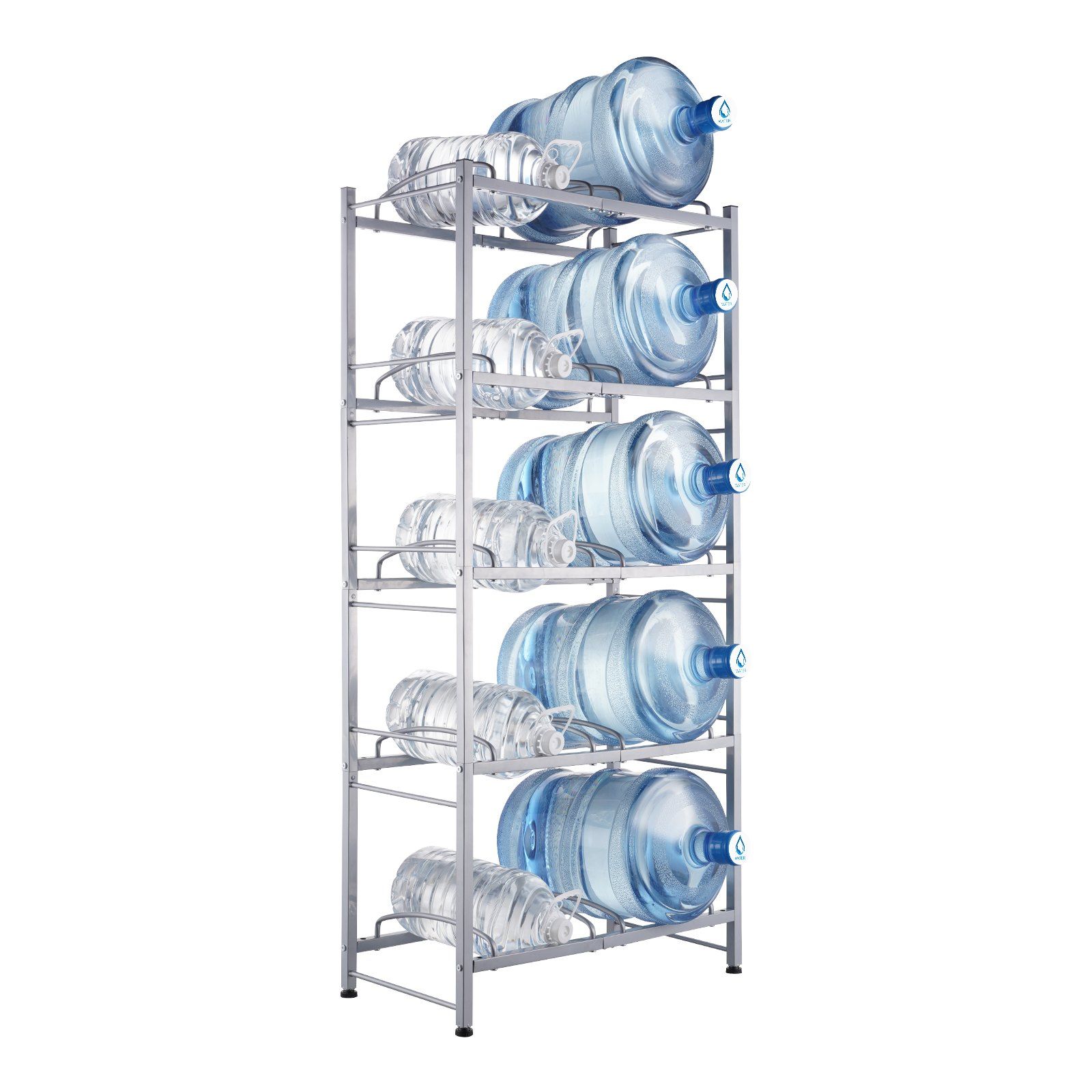 5 Tiers Water Jug Holder, 5 Gallon Water Bottle Holder, Double Row Water Bottle Rack for 10 Bottles, Heavy Duty Water Jug Rack for Kitchen, Office, Living Room, Silver Gray