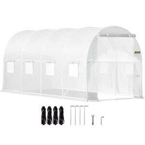 15 x 6.5 x 7 ft Walk-in Tunnel Greenhouse, Portable Plant Hot House with Galvanized Steel Hoops, 1 Top Beam, Diagonal Poles, Zippered Door & 8 Roll-up Windows, White