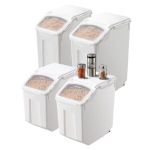 Rice Storage Container, 3.5Gal/15Lx2 + 4.5Gal/20Lx2 Large Dog Food Dispenser Bin, Kitchen Ingredient Grain Cereal Bin, Pet food Containers with Wheels, 4 Measuring Cups, Airtight Lid, 4 Pack