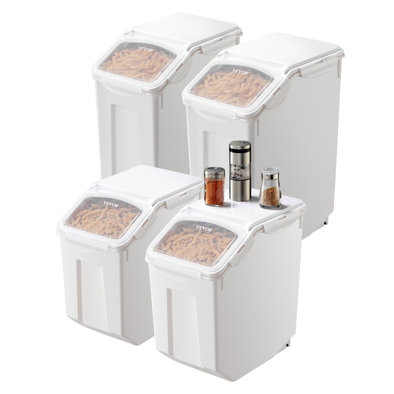 Rice Storage Container, 3.5Gal/15Lx2 + 4.5Gal/20Lx2 Large Dog Food Dispenser Bin, Kitchen Ingredient Grain Cereal Bin, Pet food Containers with Wheels, 4 Measuring Cups, Airtight Lid, 4 Pack