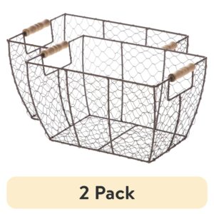 Decorative Brown Chicken Wire Basket with Wood Handles. 12.2x8x7.28