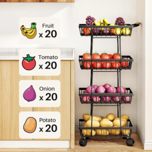 4 Tier Stackable Metal Vegetable Storage Rack with Wheels Rotating Corner Kitchen Organizer Basket for Potato Onion Banana Fruit Pantry Accessories Black