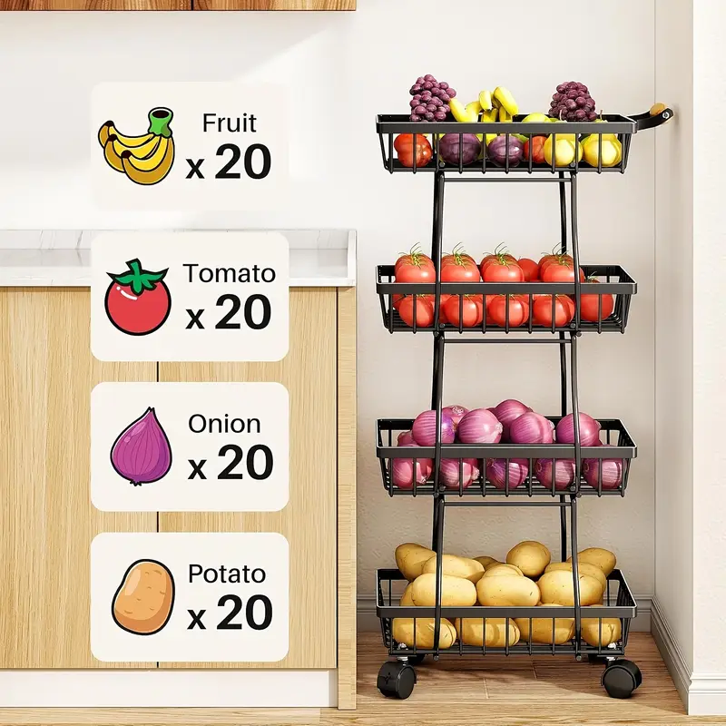4 Tier Stackable Metal Vegetable Storage Rack with Wheels Rotating Corner Kitchen Organizer Basket for Potato Onion Banana Fruit Pantry Accessories Black