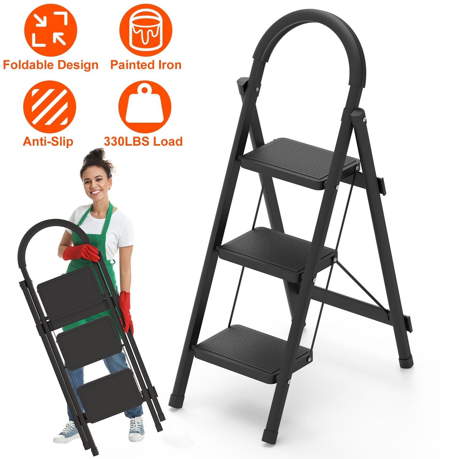 3-Step Folding Ladder, 330lbs Load Capacity, Lightweight 7 lbs with 1.57in Folding Width
