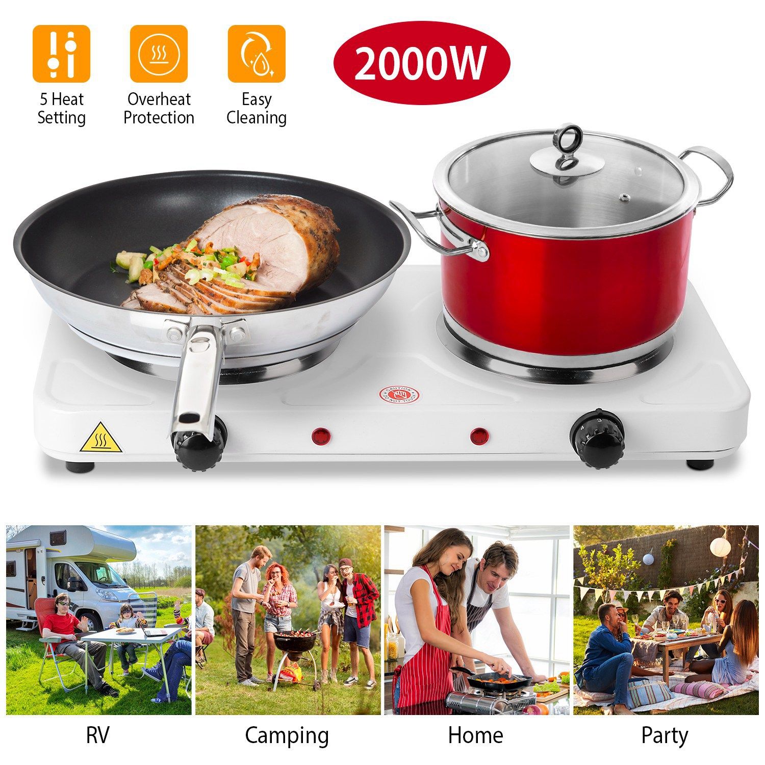 2000W Double Electric Burner Portable Dual Counter Stove