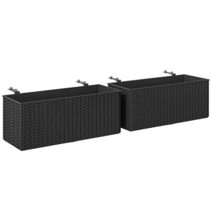 2 Pack 20 Inch Railing Flower Pots, Hanging Flower Pots with Hooks, Drainage Holes for Fence, Rattan Look, Black